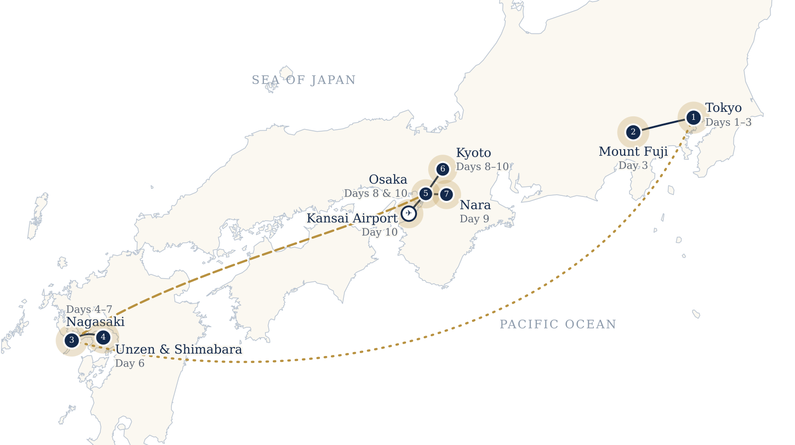 Map of the ten-day Catholic pilgrimage from Tokyo and Mount Fuji to Nagasaki and Shimabara, then Kansai, Kyoto, Nara and Osaka.