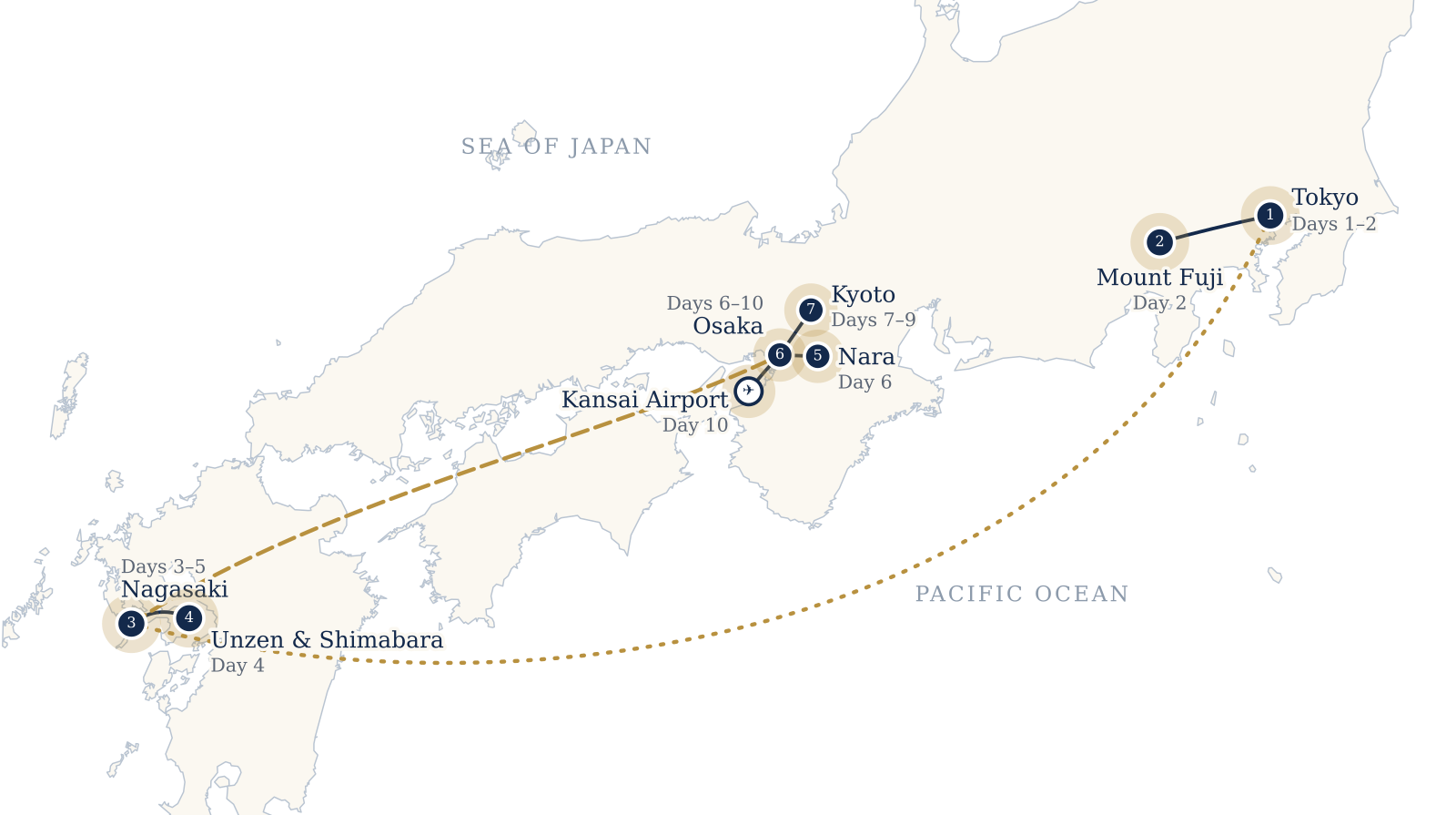 Route map for the 10-day pilgrimage: Tokyo, Nagasaki & Kyoto route.