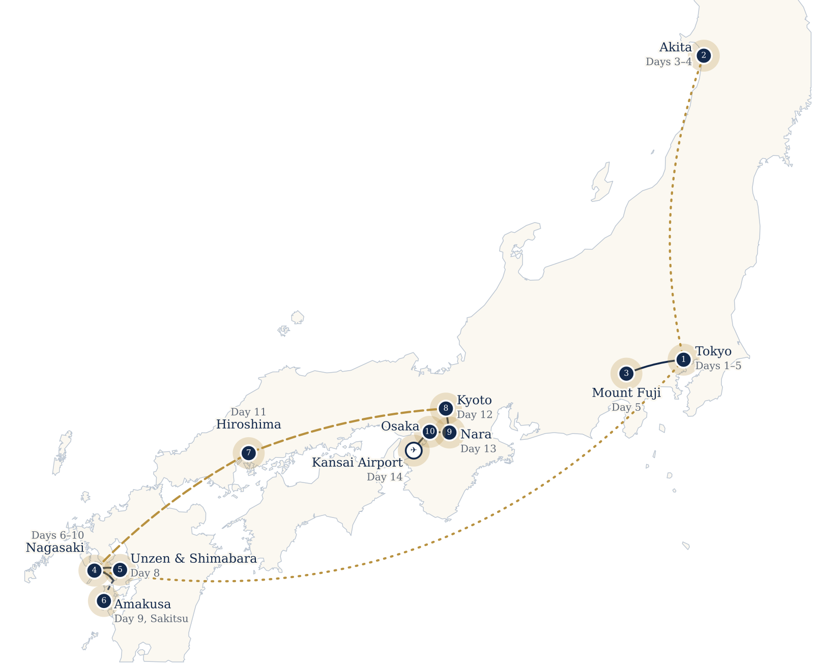 Route map for the 14-day pilgrimage: Martyrs, Mary & Hidden Christians route.