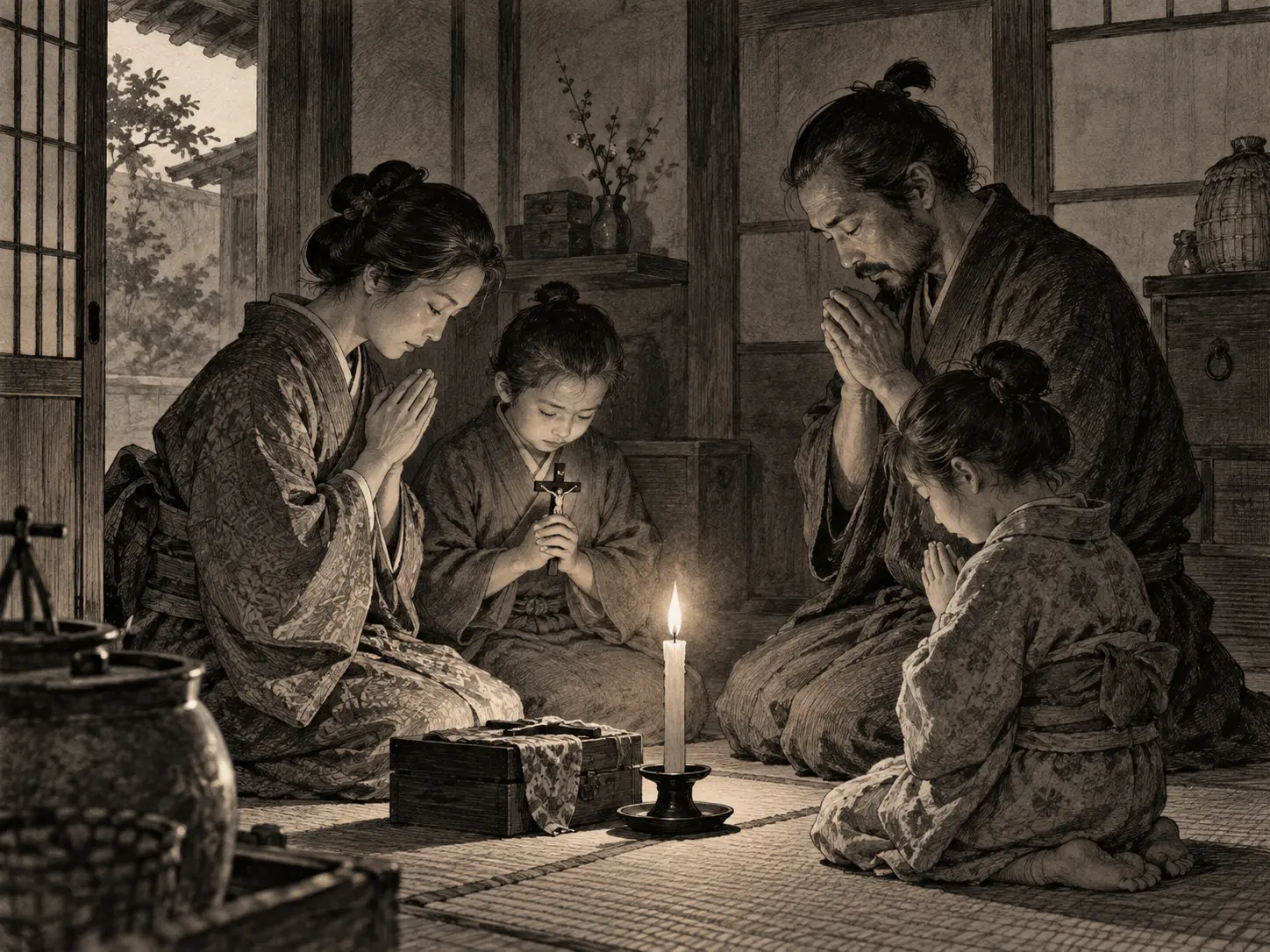 Sketch of a Japanese family praying quietly by candlelight during the ban on Christianity