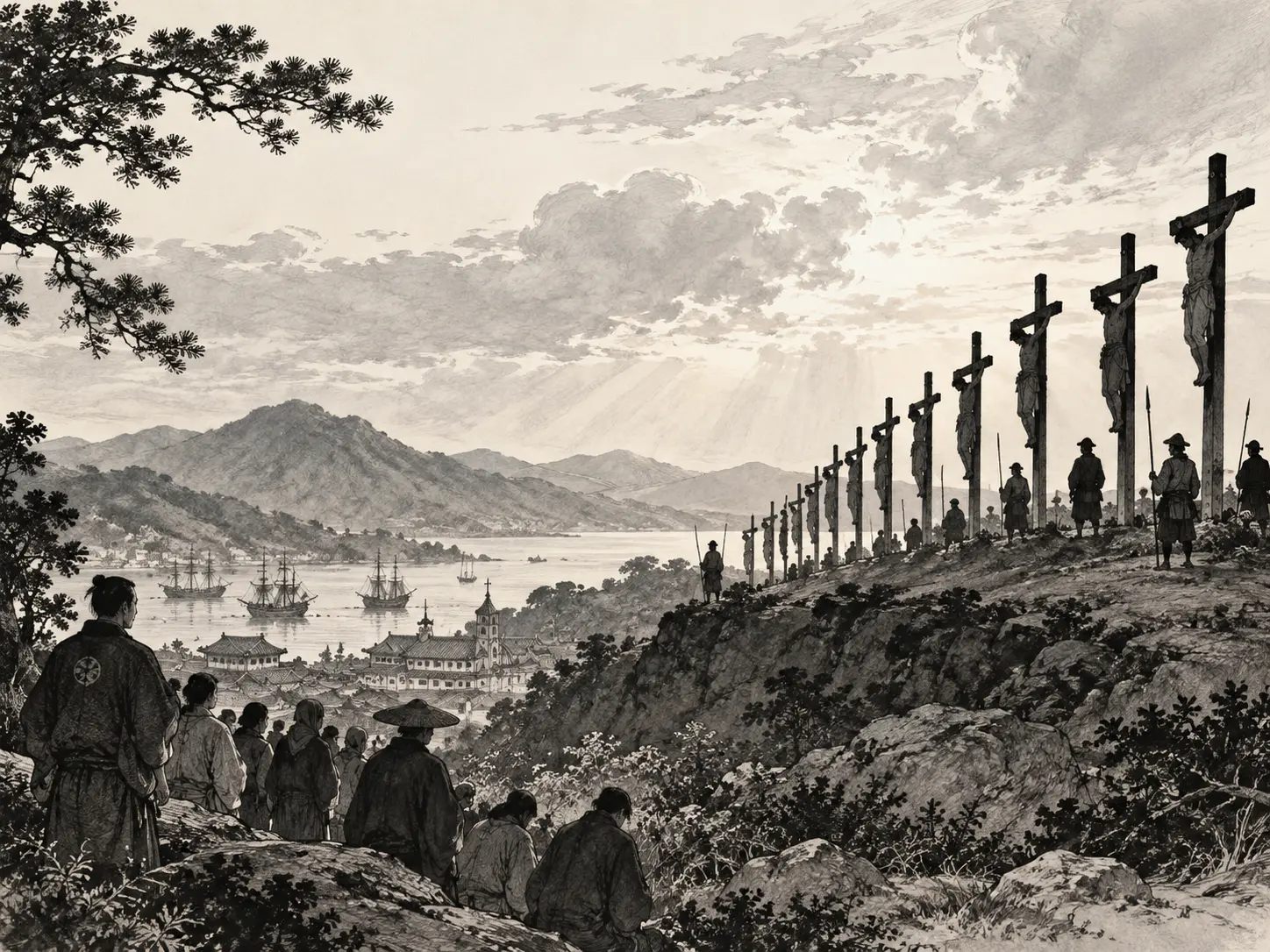 Sketch of crosses on Nishizaka Hill overlooking Nagasaki
