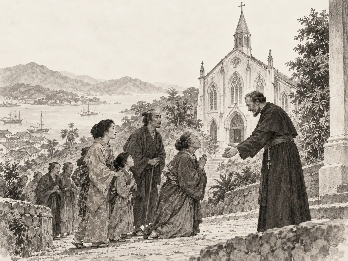 Sketch of Japanese Christians meeting a missionary near Ōura Cathedral