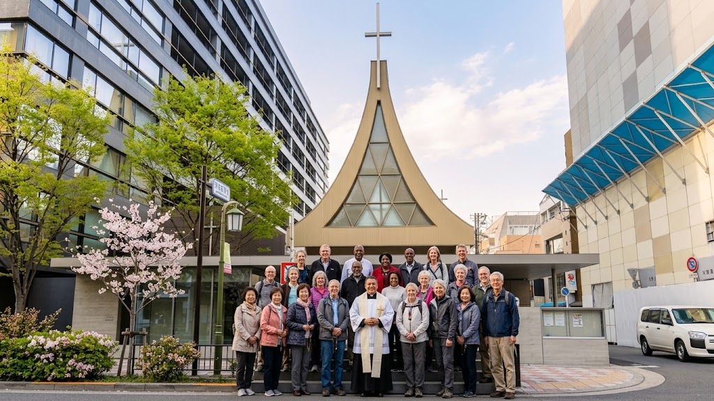 Pilgrims gathered with a priest in front of a parish church